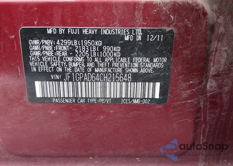 2012 Subaru Impreza 2.0I Premium z USA, uszkodzony, nr VIN JF1GPAD64CH215648